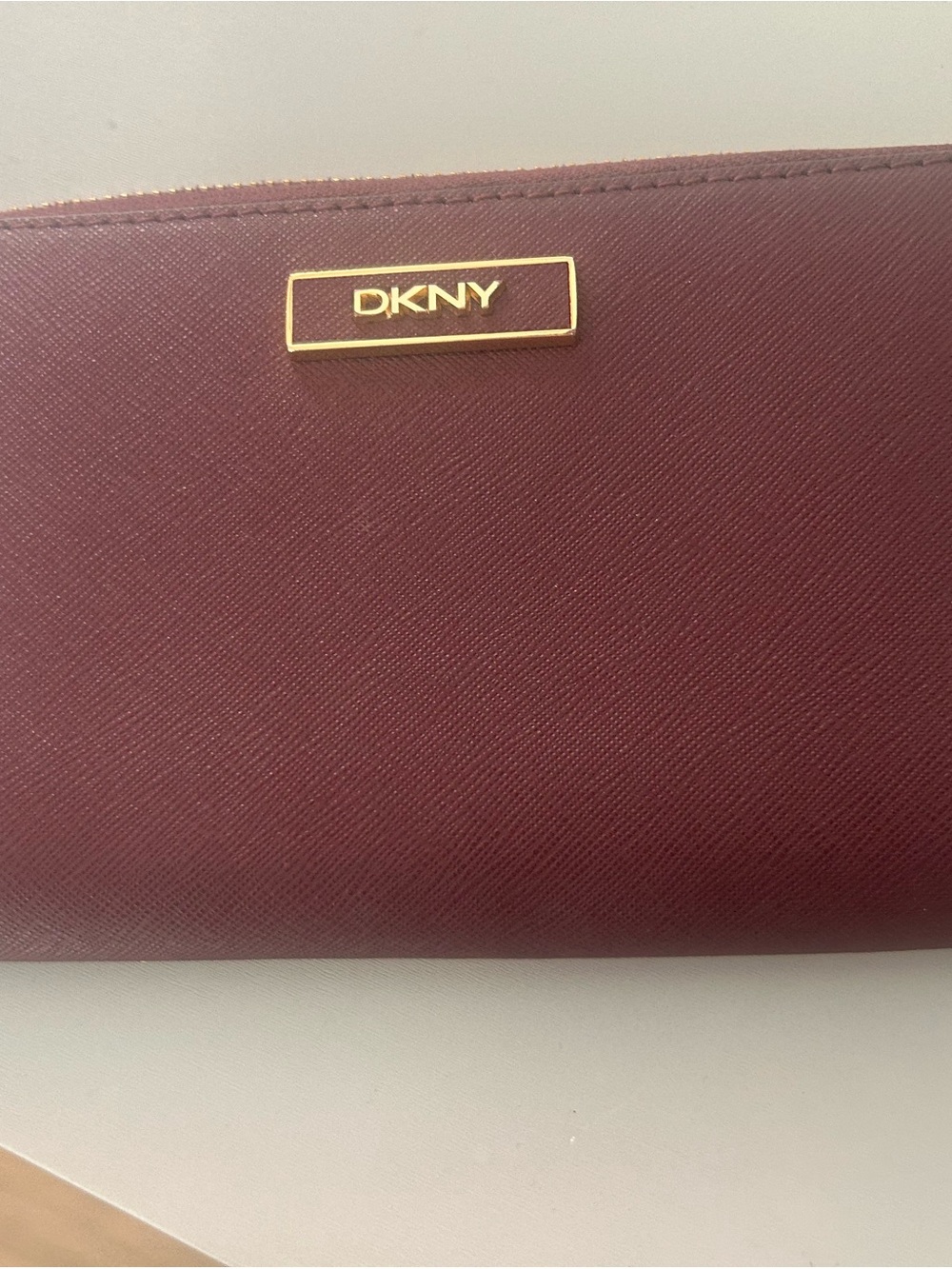 DKNY Burgundy Saffiano Zip Wallet with Gold Logo